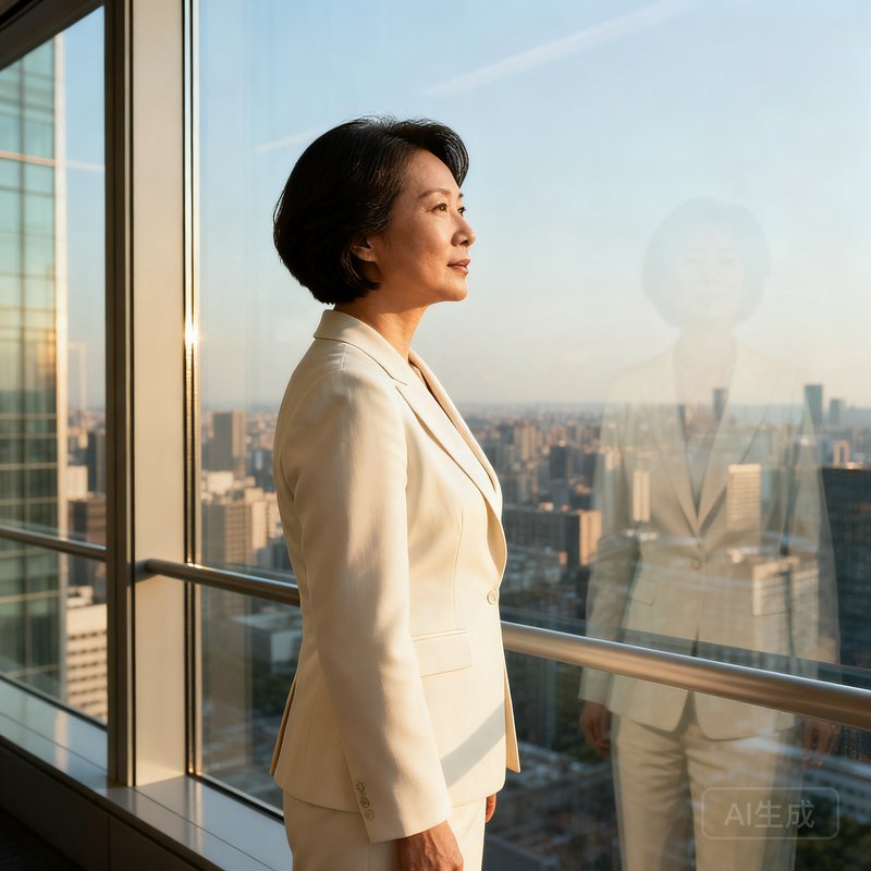 首席运营官陈雅文女士，四十岁出头，短发干练，身穿米白色职业套装，站在写字楼玻璃窗前眺望城市景观。
