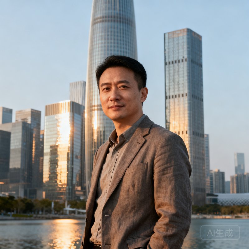 市场总监王浩然先生，三十五岁上下，穿着休闲西装，站在深圳湾畔的商务区，身后是摩天大楼群。